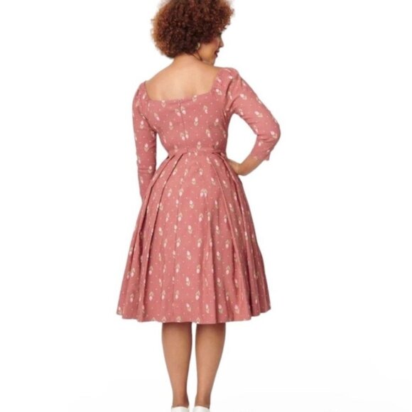 UNIQUE VINTAGE Womens Rose & Pink Mauve Tulip Print Lamar Swing Dress Size 10-12 - Picture 2 of 16